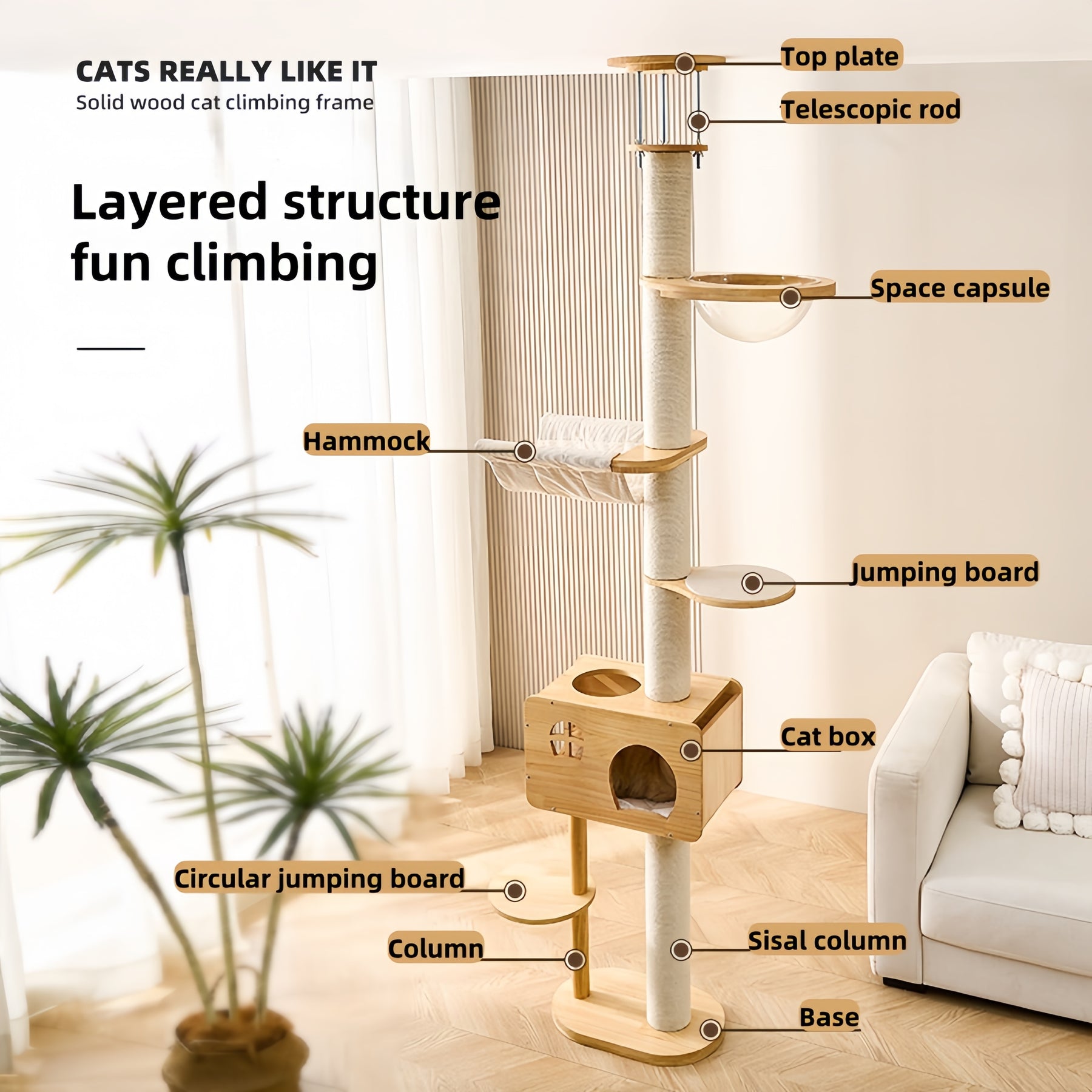 BABEECATS Luxury Solid Wood Floor -to-Ceiling Cat Tree
