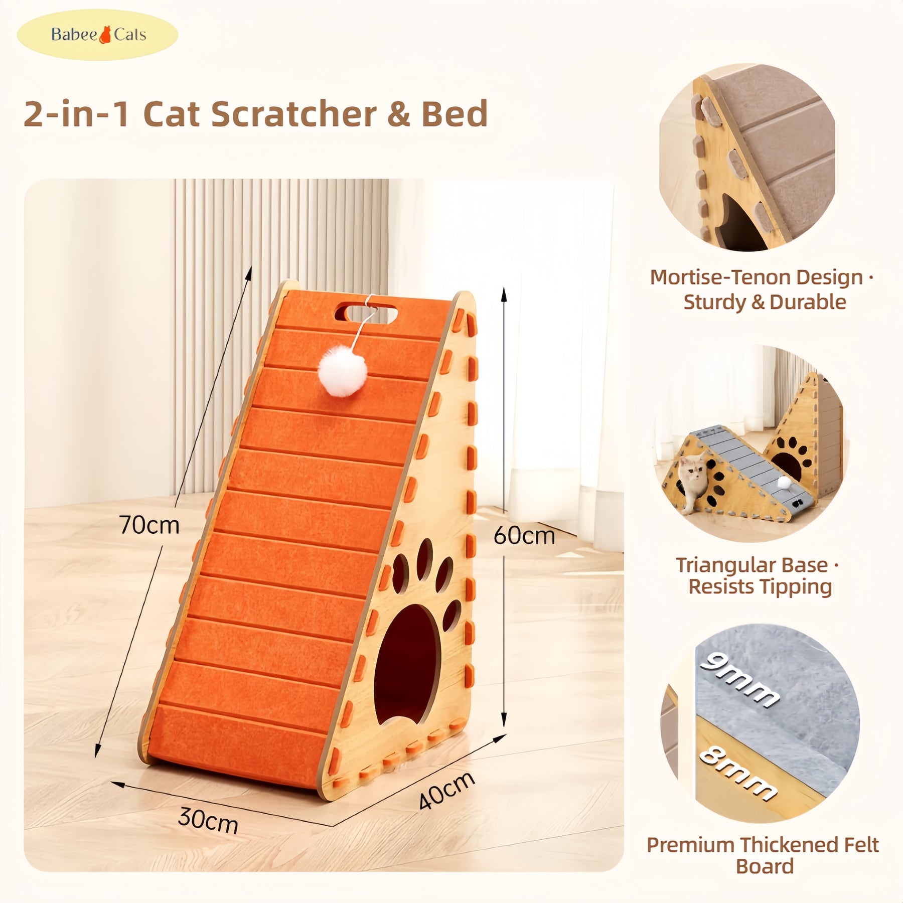 BABEECATS 2-in-1 Cat Scratcher & Bed, Felt Board,Triangle Design