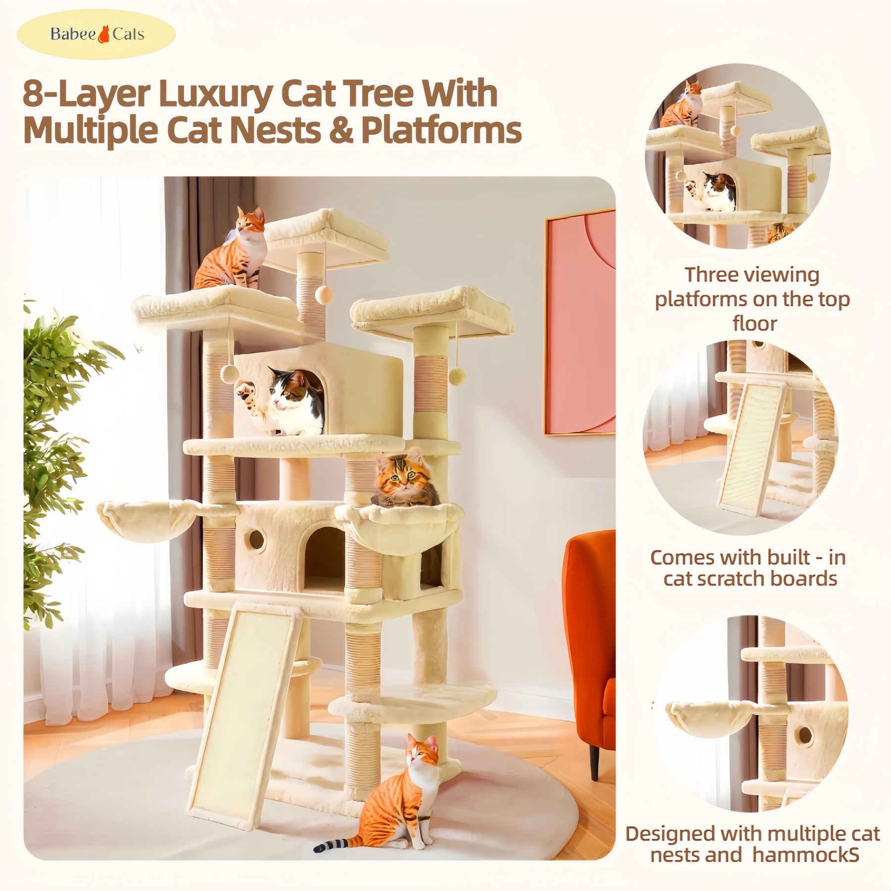 BABEECATS 8-Layer Luxury Cat Tree With Multiple Cat Nests & Platforms