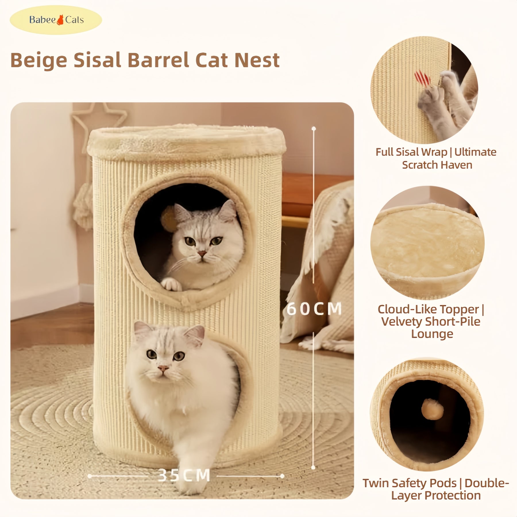 BABEECATS Beige Sisal Barrel Cat Nest