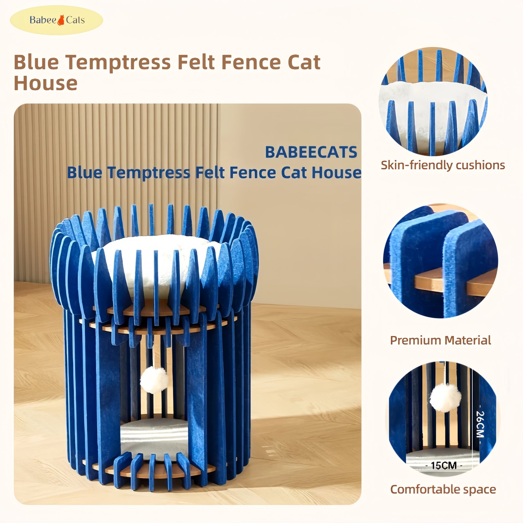 BABEECATS Blue Temptress Felt Fence Cat House