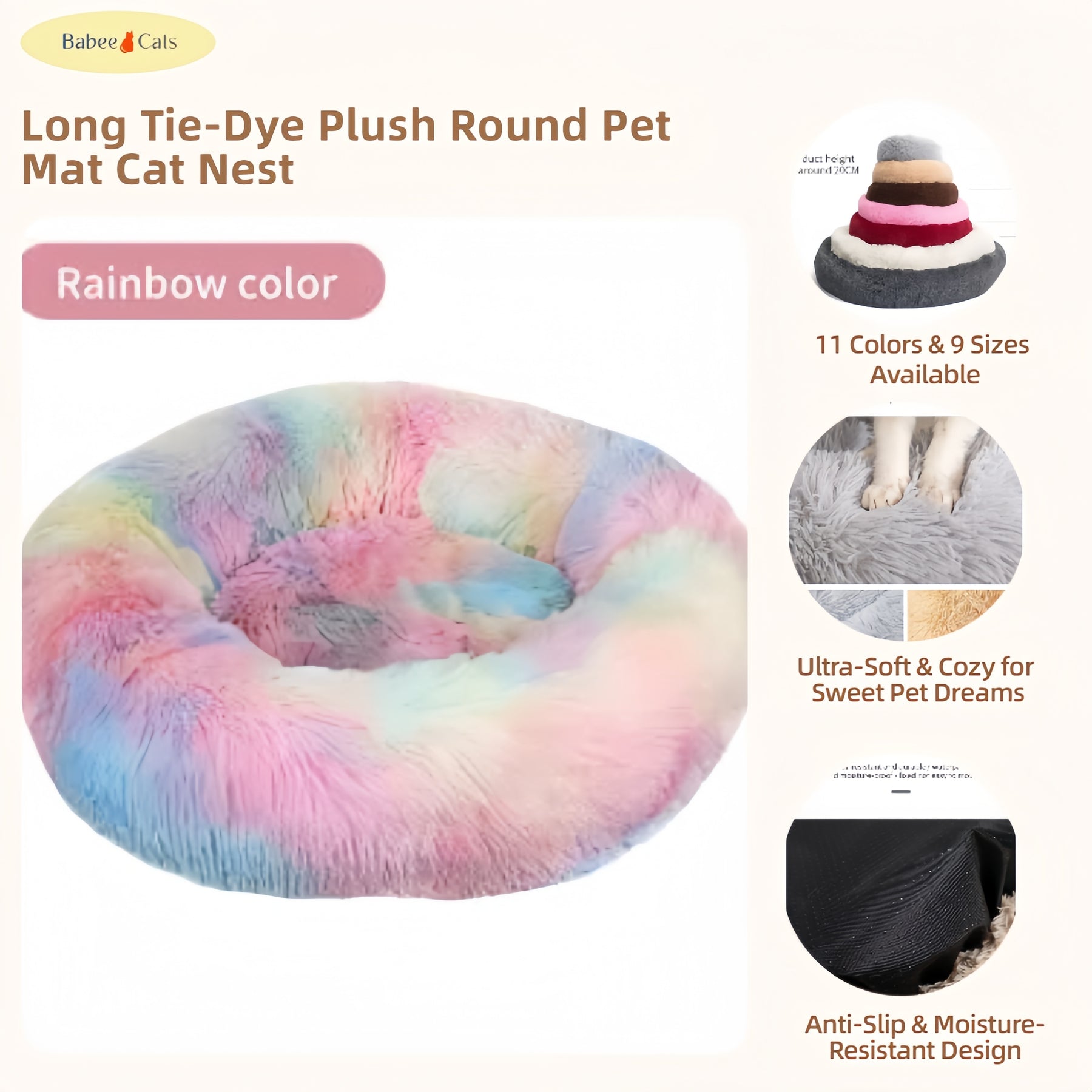 BABEECATS Long Tie-Dye Plush Round Pet Mat Cat Nest