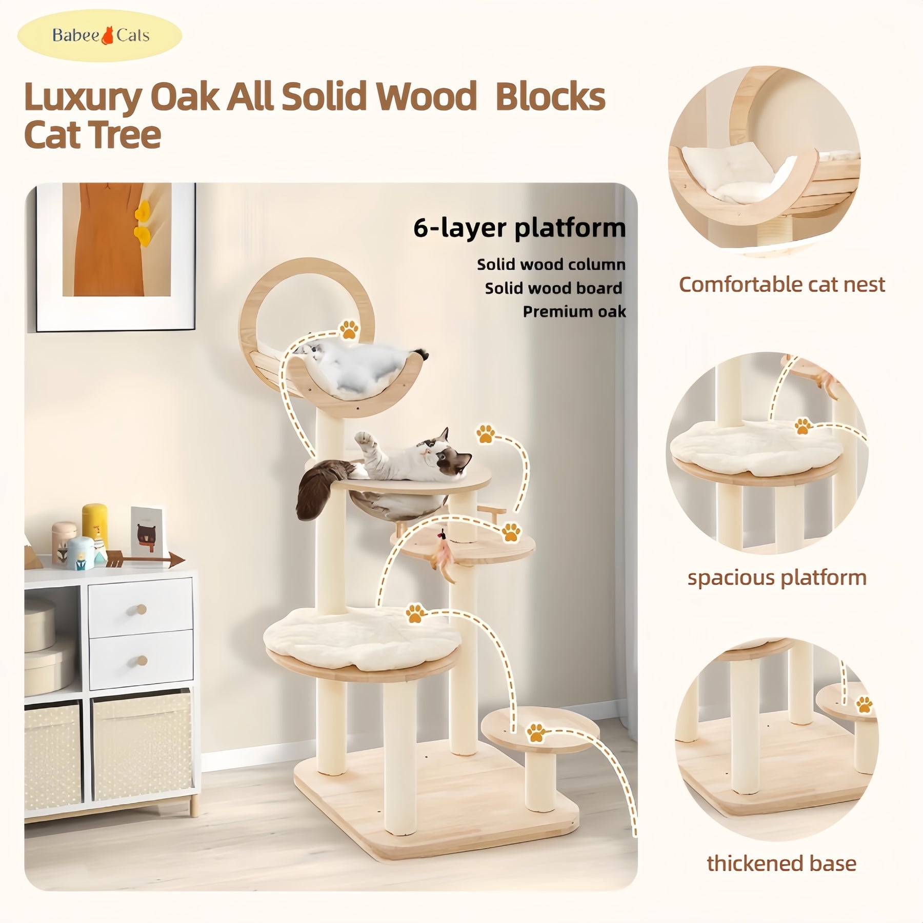 BABEECATS Luxury Oak All Solid Wood Blocks Cat Tree