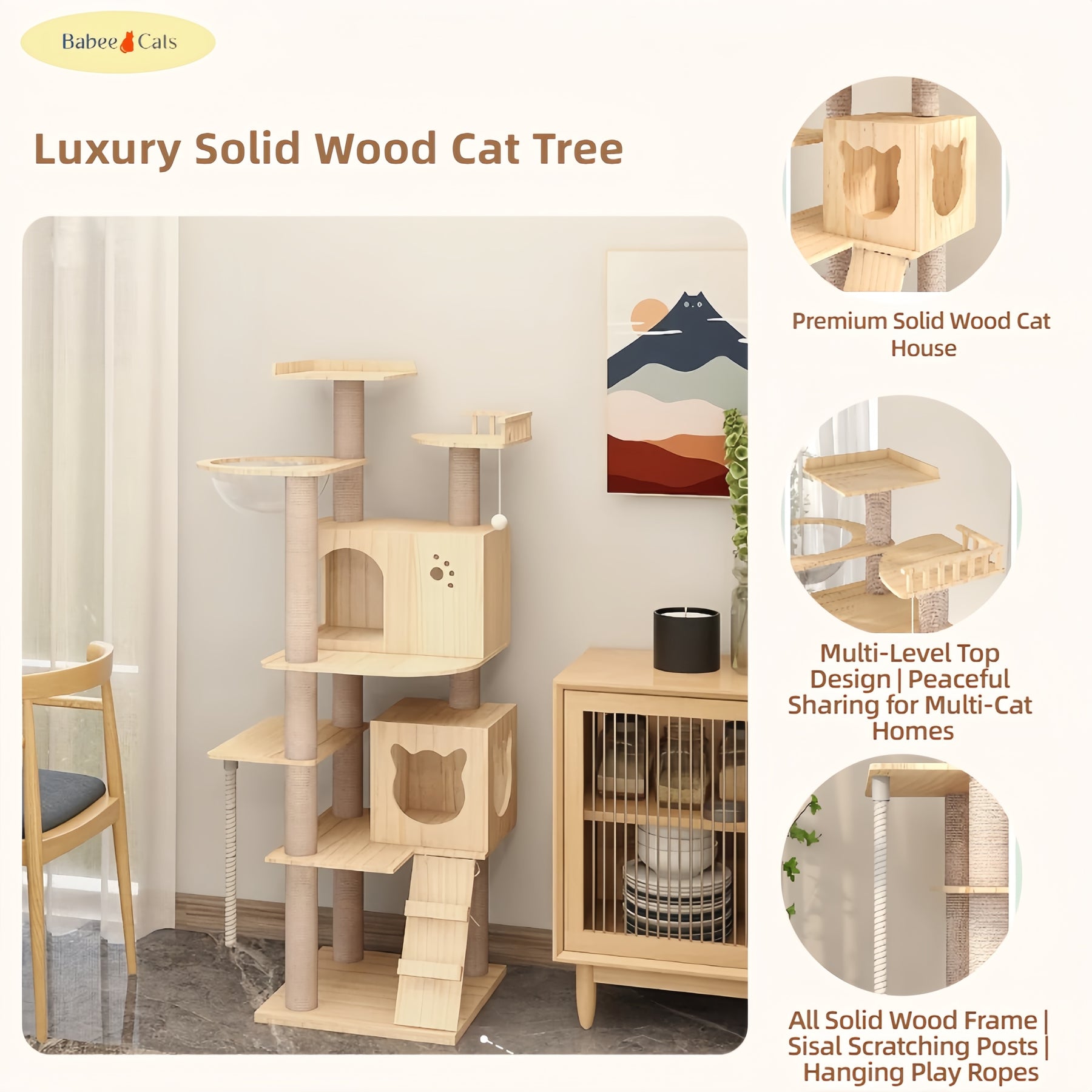 BABEECATS Luxury Solid Wood Cat Tree
