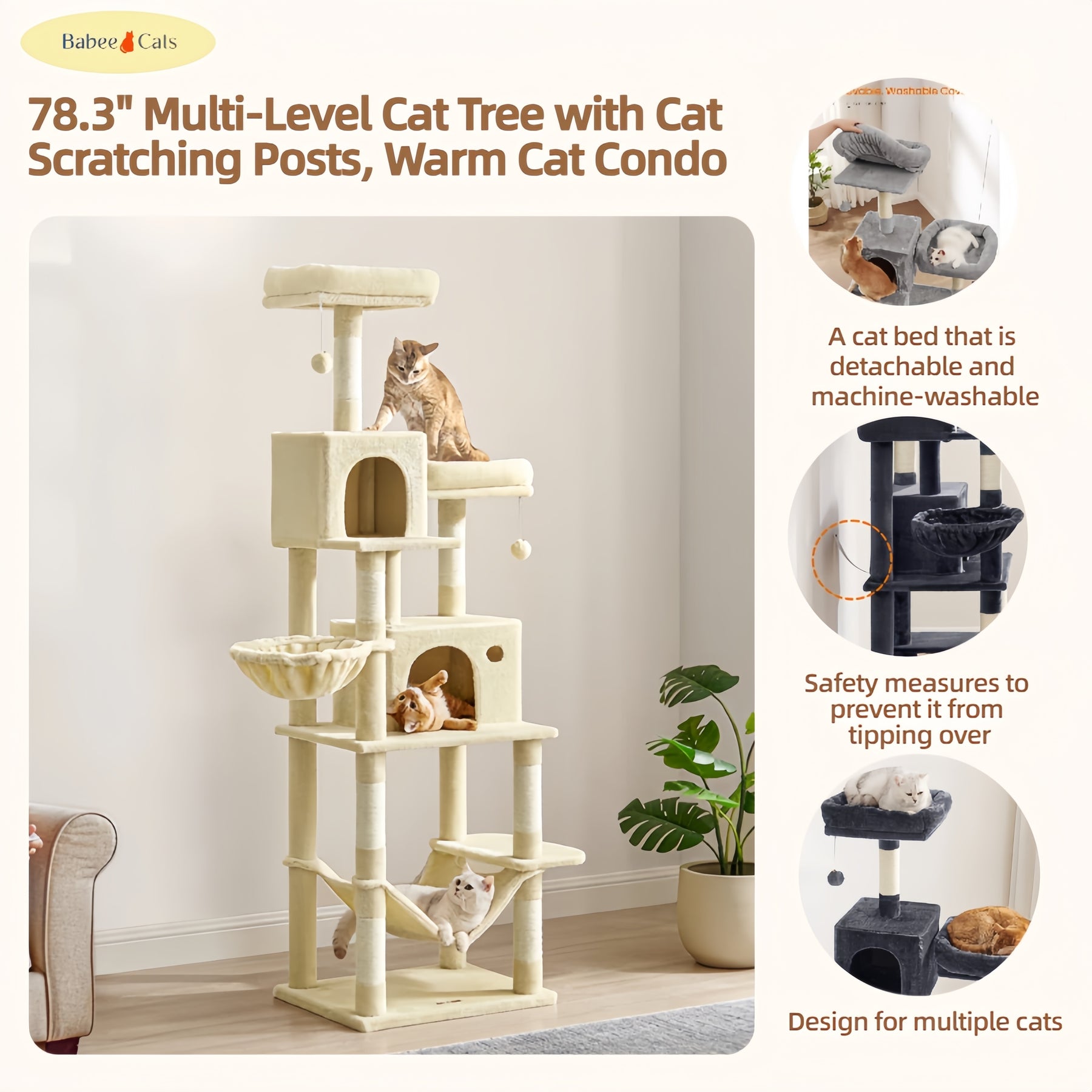 BABEECATS 78.3" Multi-Level Cat Tree with Cat Scratching Posts, Warm Cat Condo