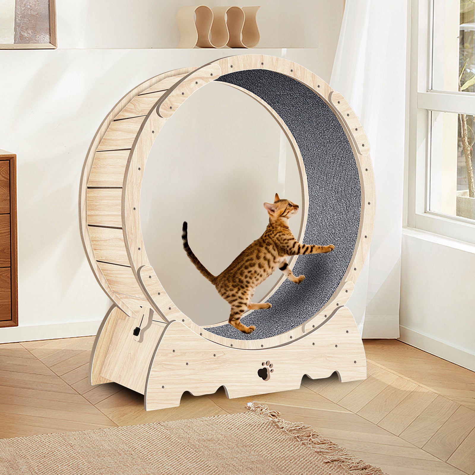 Cat Exercise Wheel for Indoor Cats, with Carpeted Runway 37" Natural Wood Color