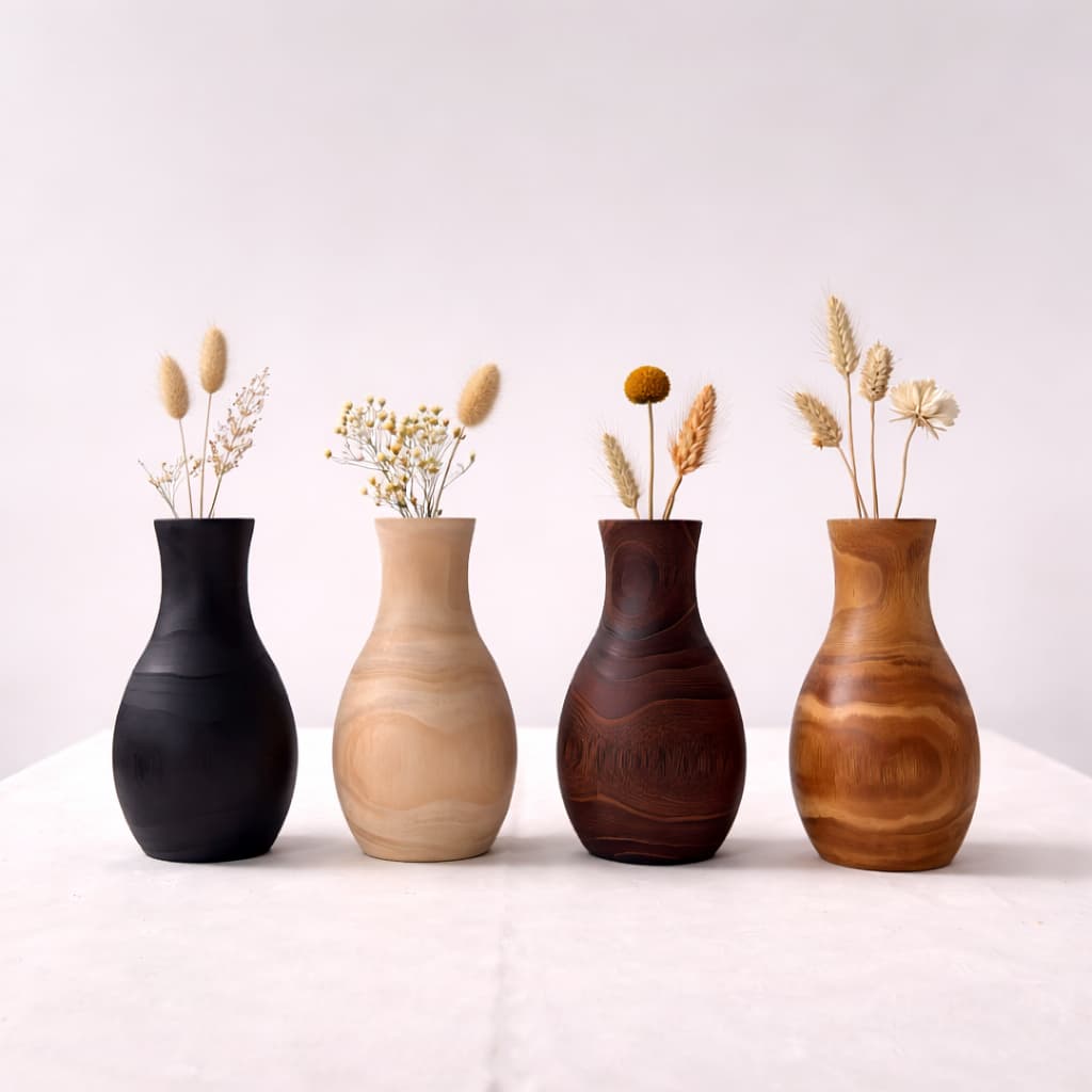 Solid Wood Vase Set – Minimalist Natural Wooden Flower Vase for Home Decor