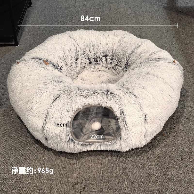 2 in 1  Plush Donut Cat Tunnel Bed