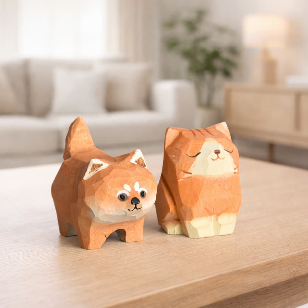 Hand-Carved Wooden Pet Figurines – Shiba Inu & Cat Decor Set