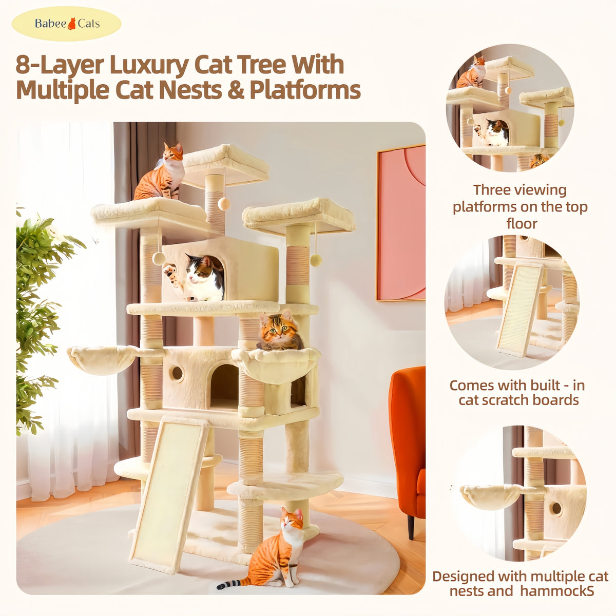 BABEECATS  8-Layer Luxury Cat Tree With Multiple Cat Nests & Platforms