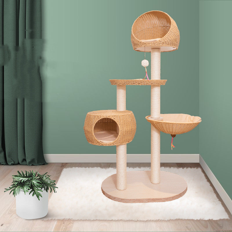 BABEECATS Rattan Nest Multi Layer Solid Wood Cat Tree