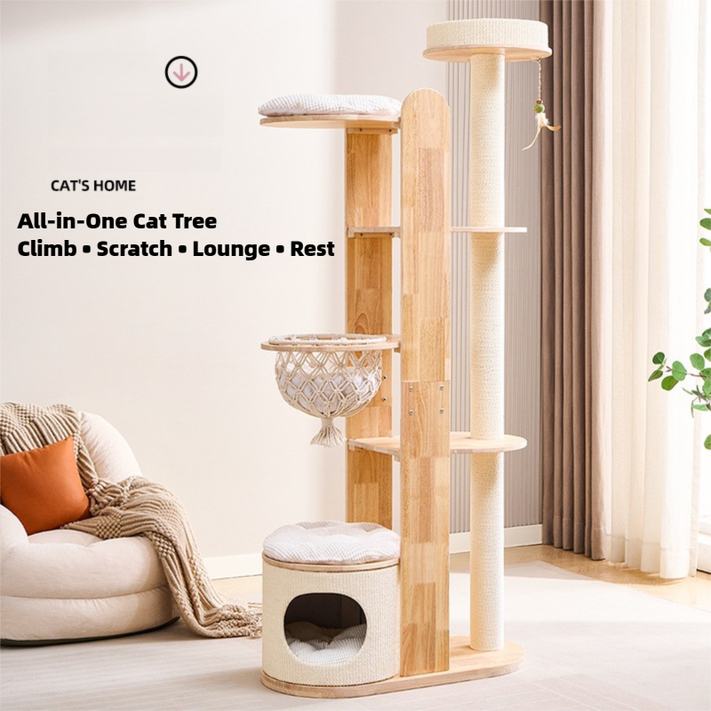Minimalist Wooden Cat Tower — Modern Multi-Level Cat Tree