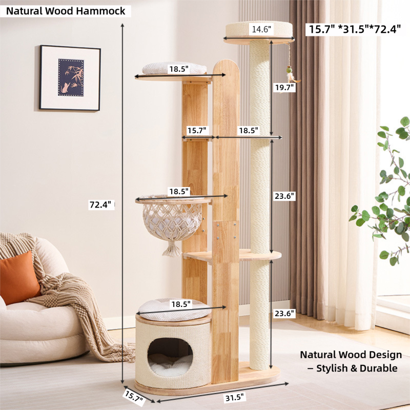 Minimalist Wooden Cat Tower — Modern Multi-Level Cat Tree