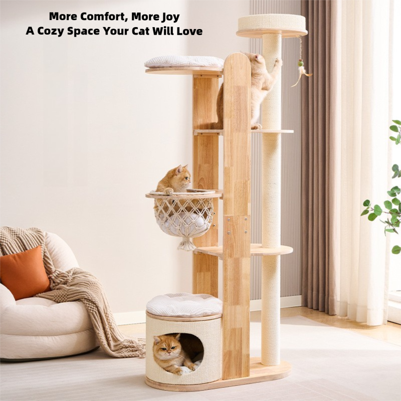 Minimalist Wooden Cat Tower — Modern Multi-Level Cat Tree