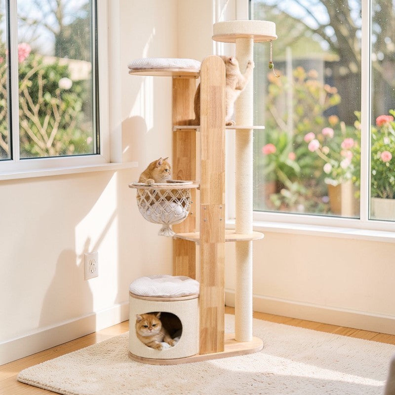Minimalist Wooden Cat Tower — Modern Multi-Level Cat Tree