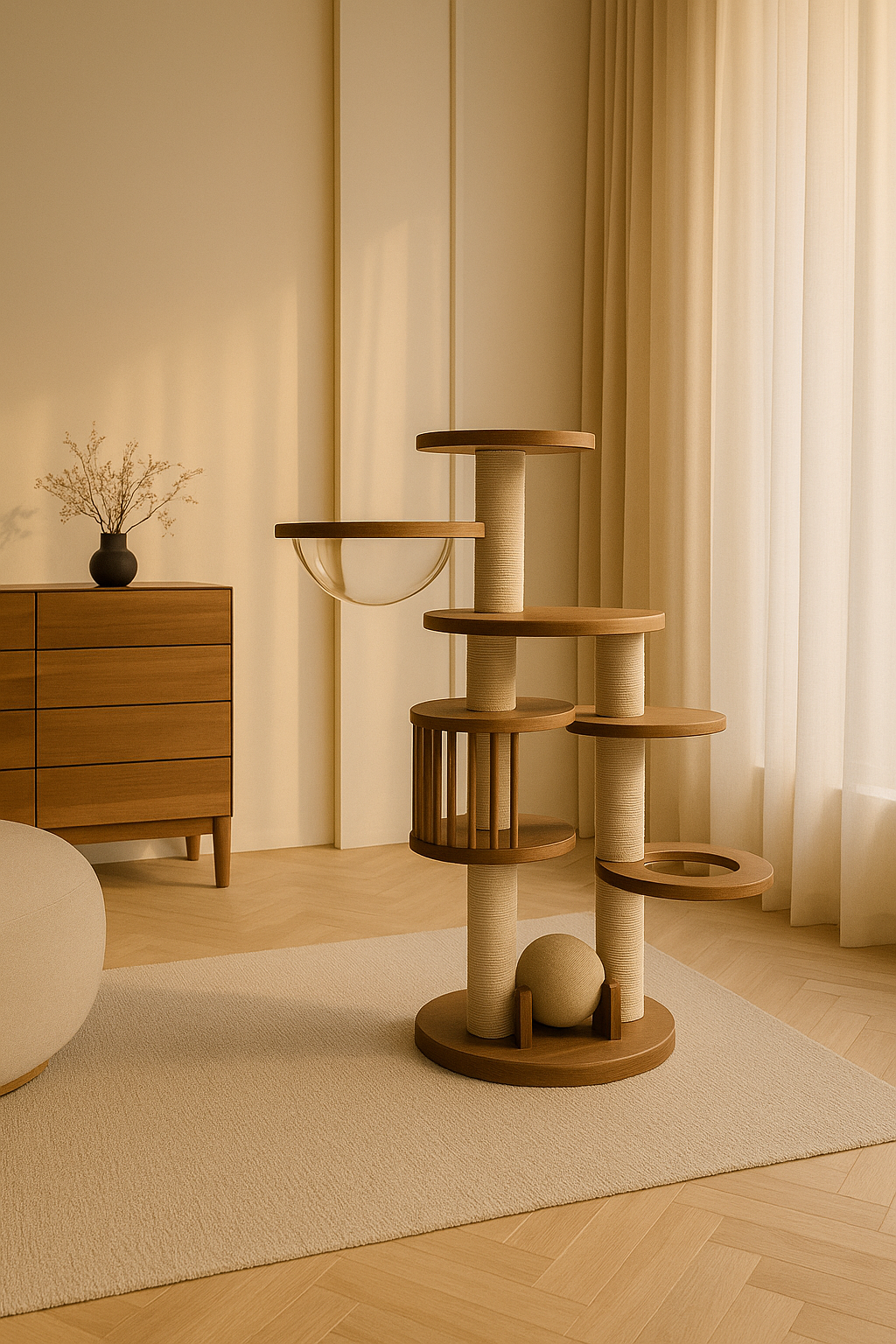 Scandinavian-style living room showcasing solid wood cat furniture designed to blend naturally into modern homes
