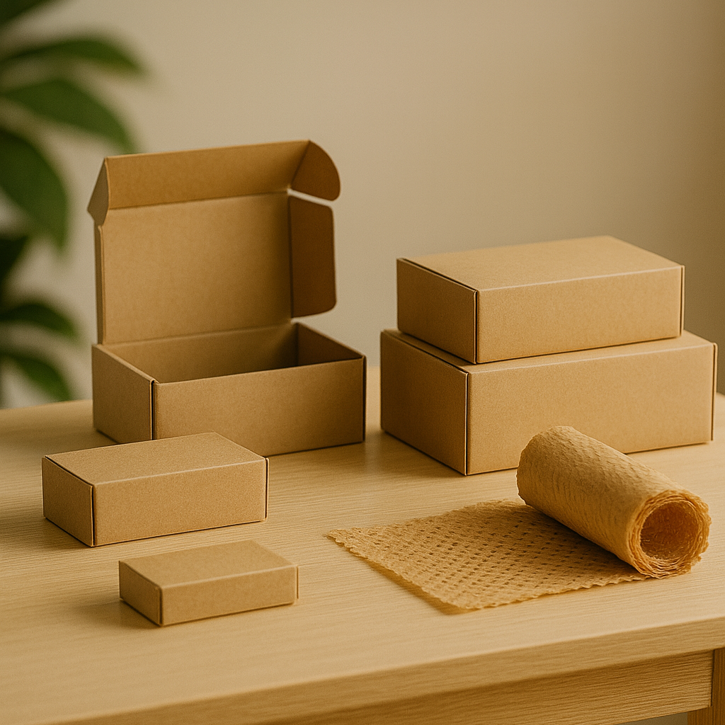 Eco-friendly packaging with recyclable kraft boxes and honeycomb paper wrap