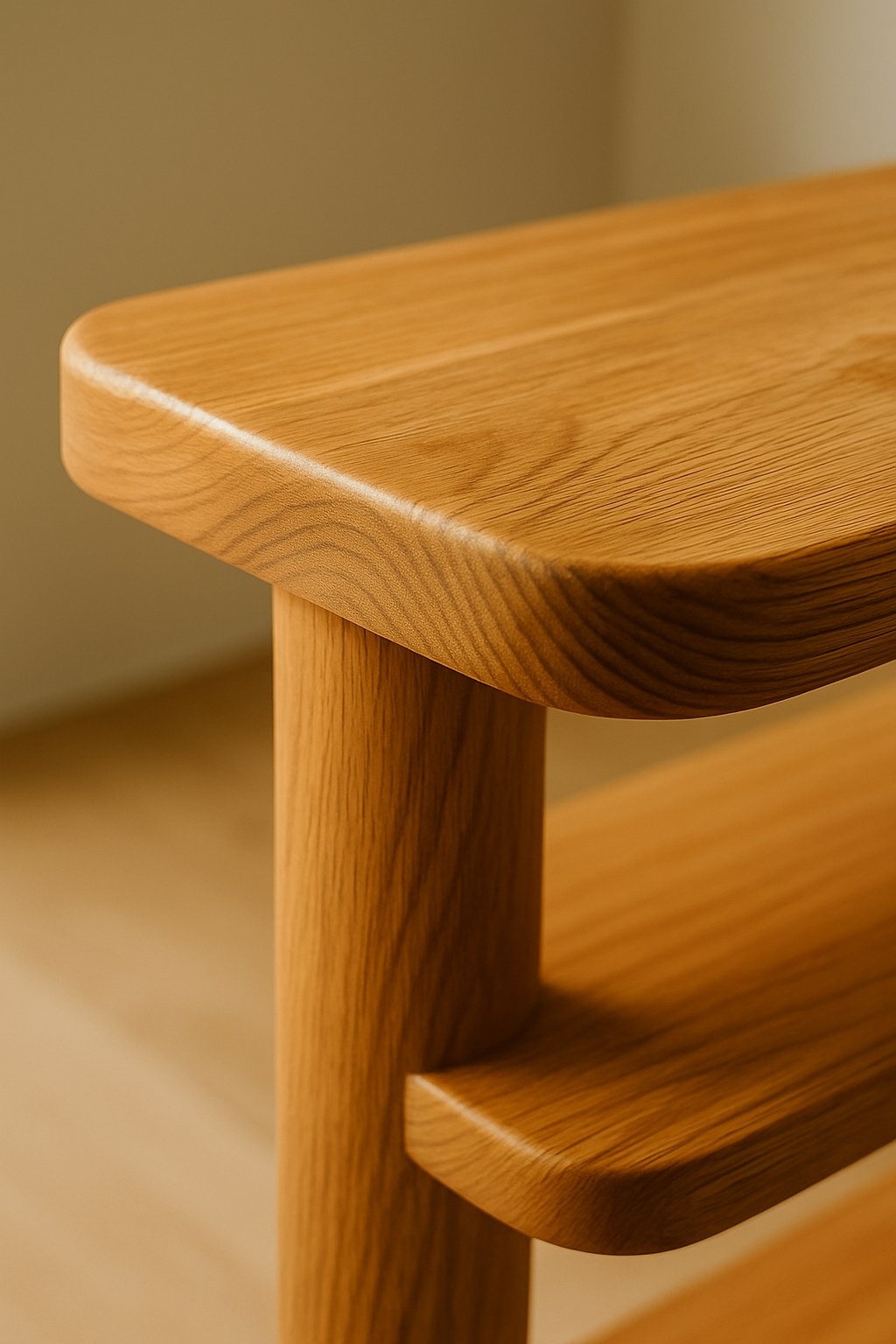 Close-up of natural solid wood craftsmanship showing smooth grain, rounded edges, and premium finish
