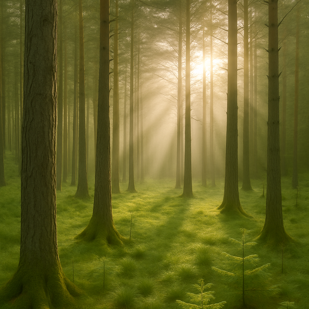 Sustainable forest with soft morning light representing responsible wood sourcing