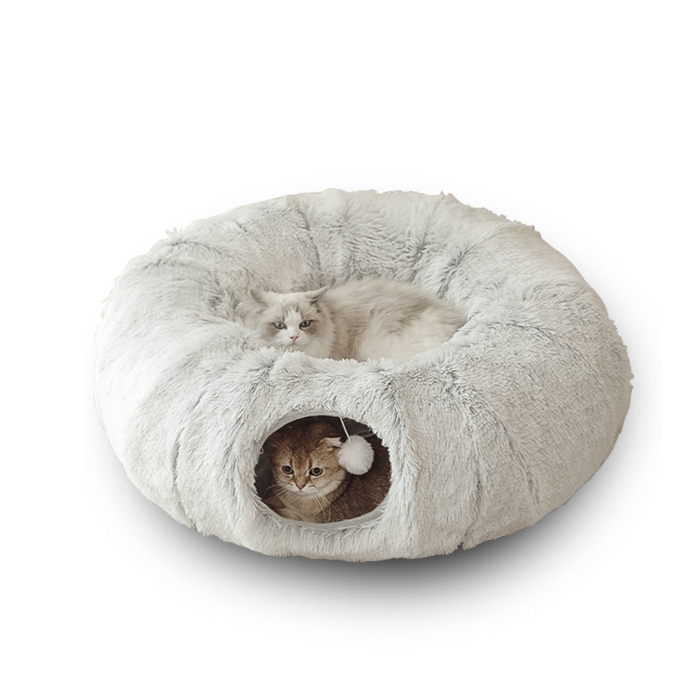 2 in 1  Plush Donut Cat Tunnel Bed