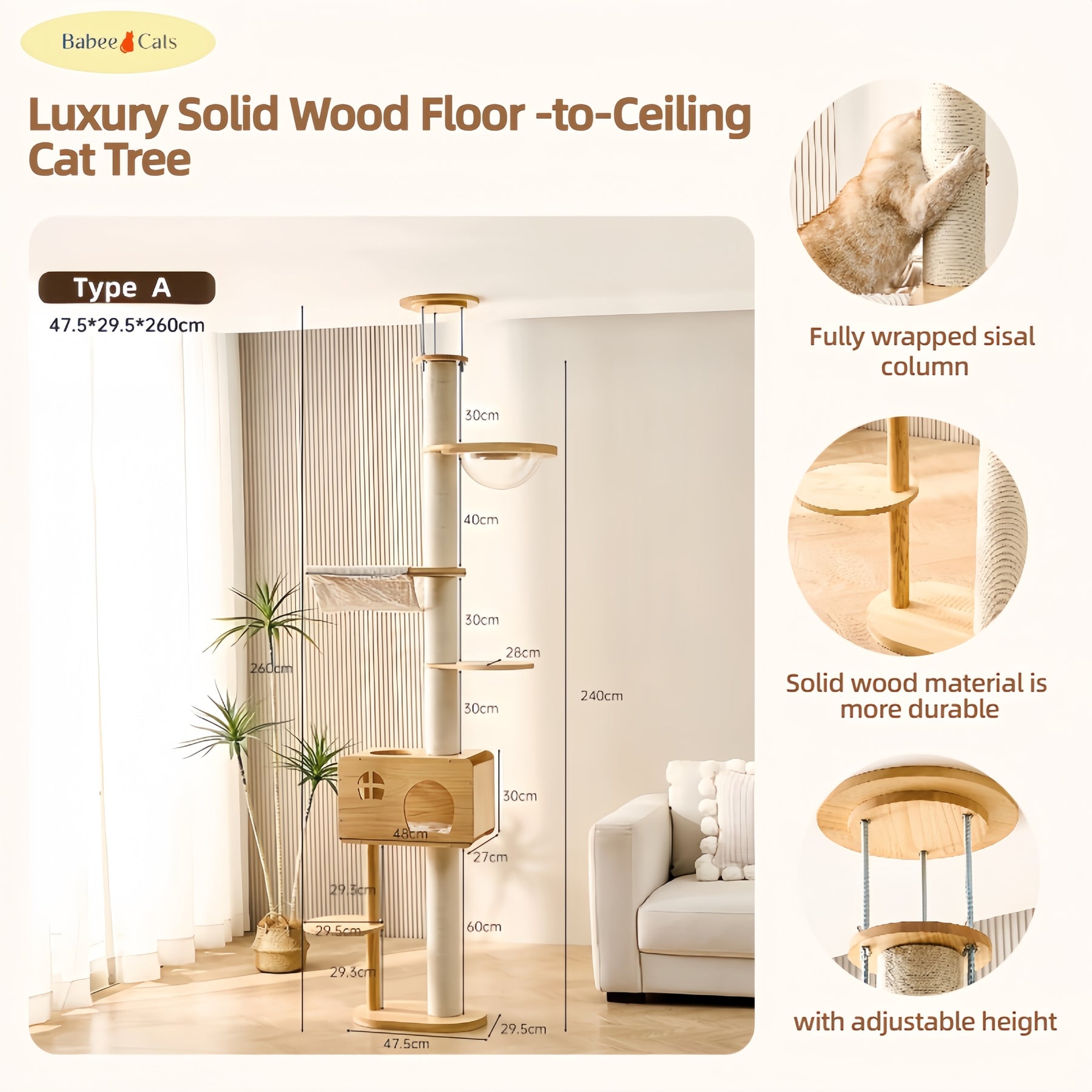 BABEECATS Luxury Solid Wood Floor -to-Ceiling Cat Tree