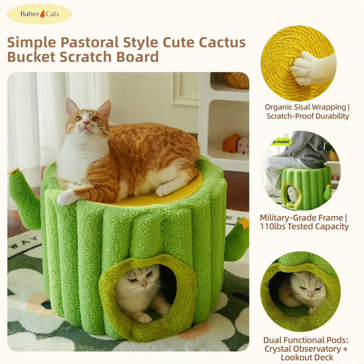 BABEECATS Simple Pastoral Style Cute Cactus Bucket Scratch Board