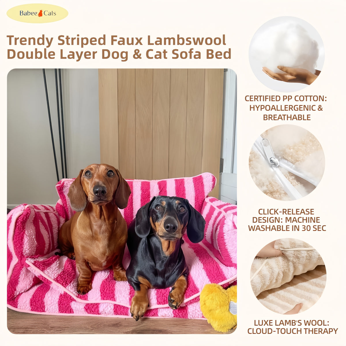 BABEECATS Trendy Striped Faux Lambswool Double Layer Dog & Cat Sofa Bed