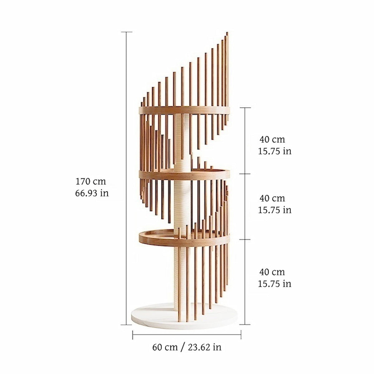 BABEECATS Cloud Ladder Cat Tree dimensions diagram, tall spiral cat tower 60cm base【Four Layers】Wood Color