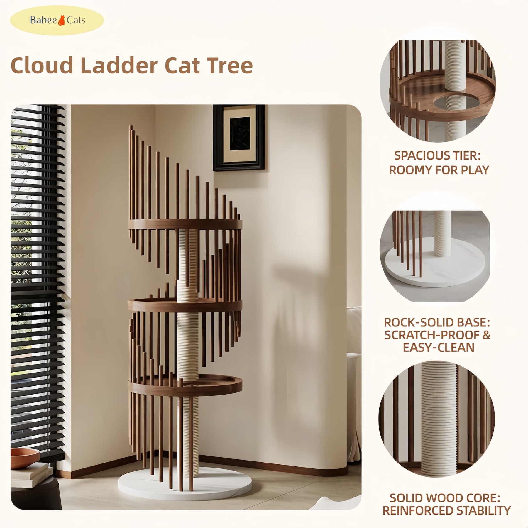 Detail of BABEECATS Cloud Ladder Cat Tree, smooth wood finish and precision craftsmanship