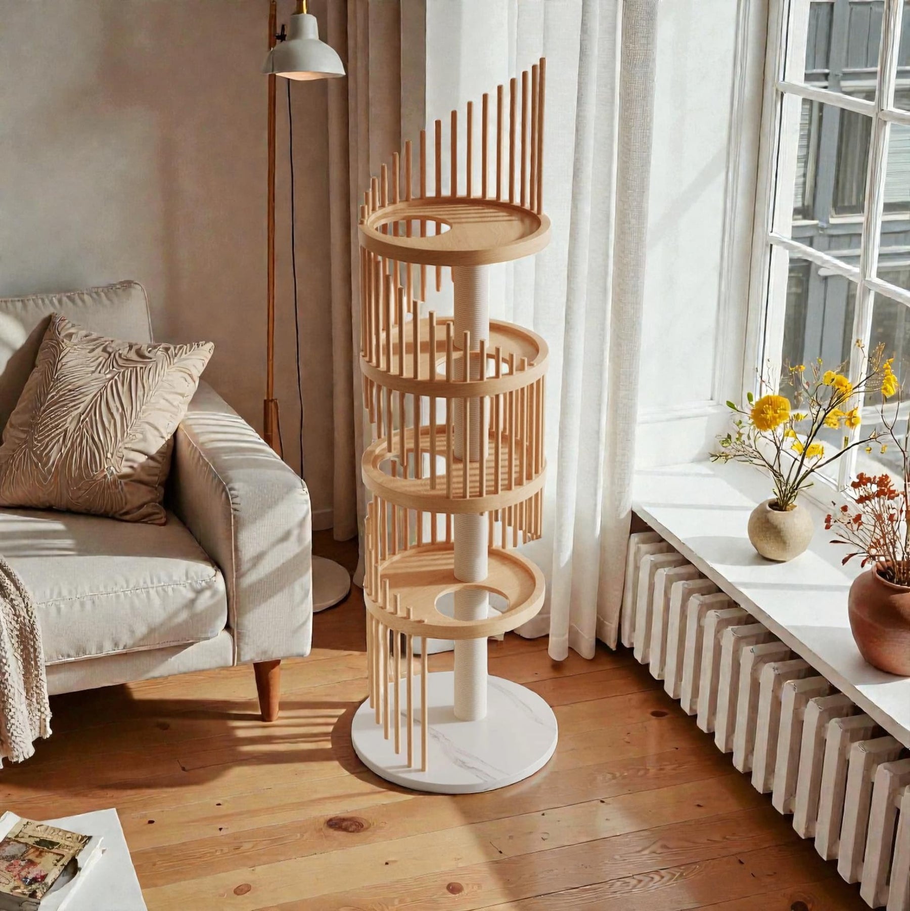 BABEECATS Cloud Ladder Cat Tree in Scandinavian living room, modern spiral wooden design near window

