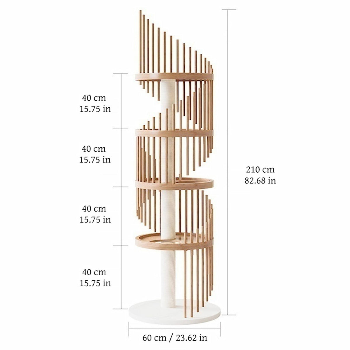 BABEECATS Cloud Ladder Cat Tree dimensions diagram, tall spiral cat tower 60cm base【Five Layers】Wood Color