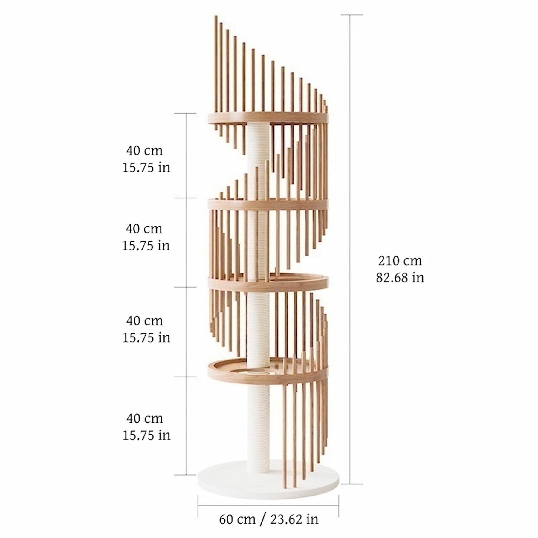 BABEECATS Cloud Ladder Cat Tree dimensions diagram, tall spiral cat tower 60cm base【Five Layers】Wood Color