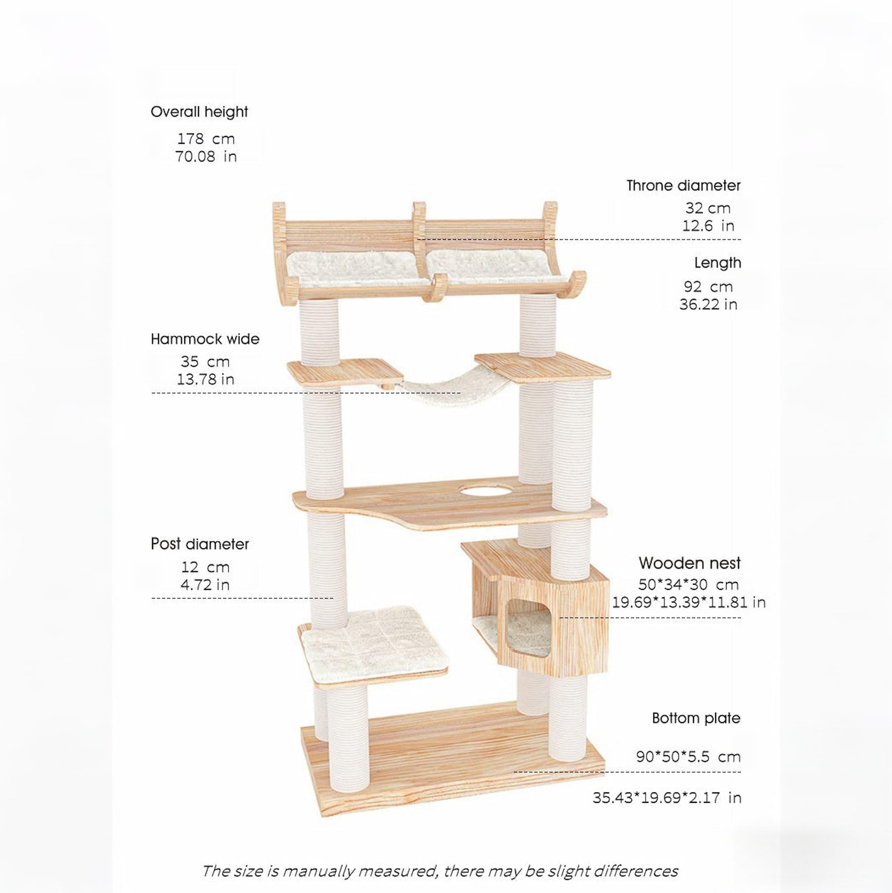Cream solid wood cat tree with sisal scratching posts, angled view showing height and structure