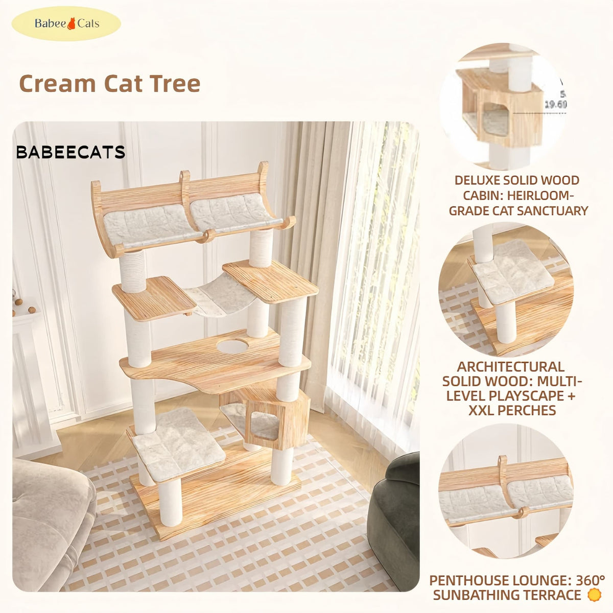 Natural sisal-wrapped scratching post detail on Cream Cat Tree