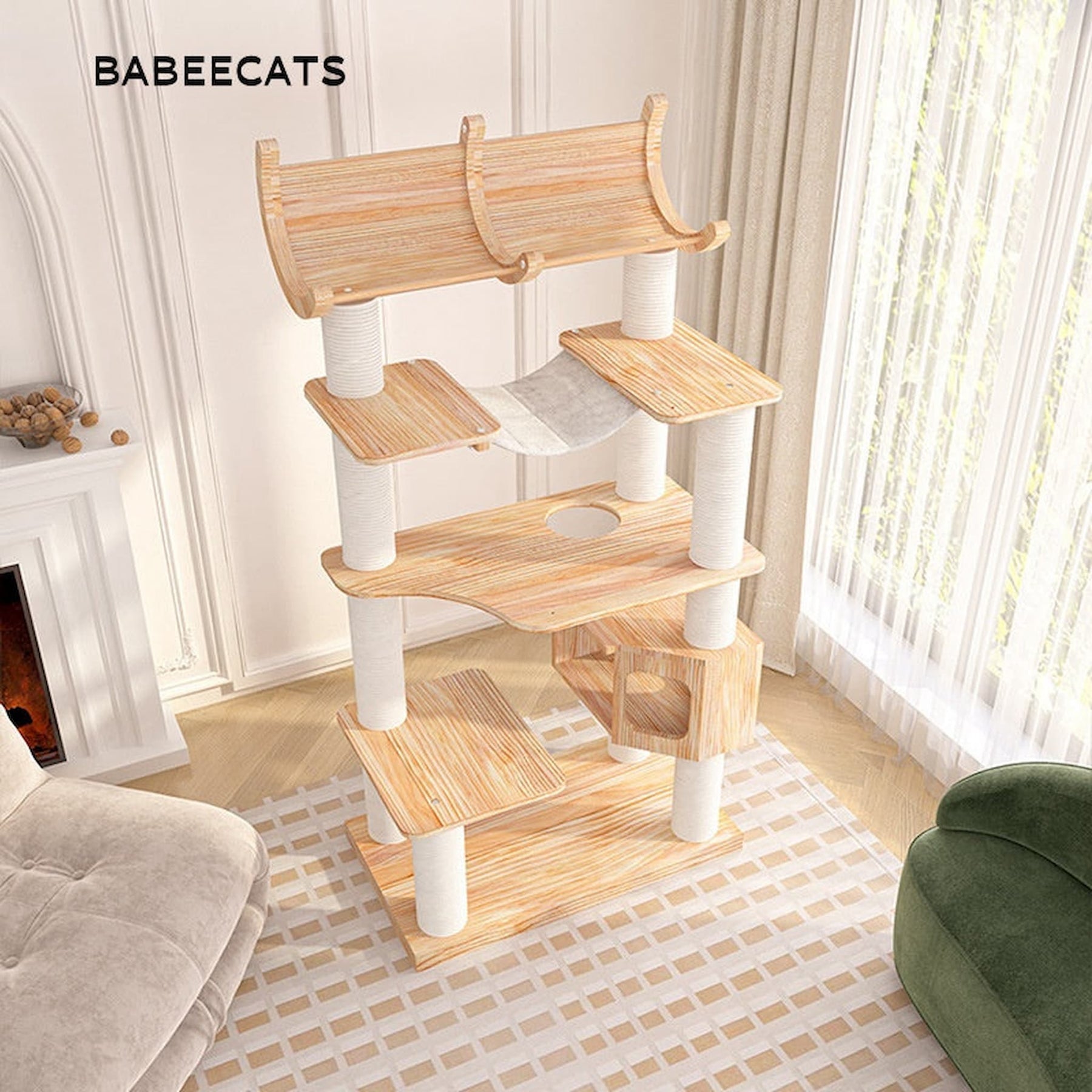 Cream Cat Tree in minimalist Scandinavian living room with soft natural light and hardwood floor