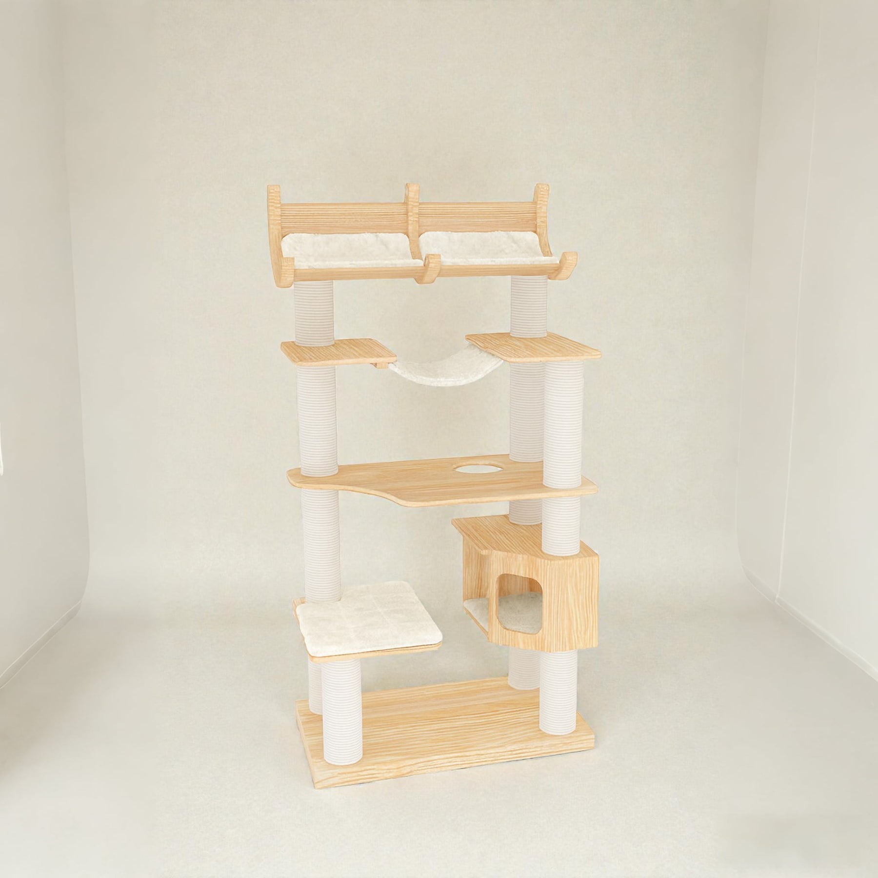 Cream solid wood cat tree with sisal posts and plush platforms, front view