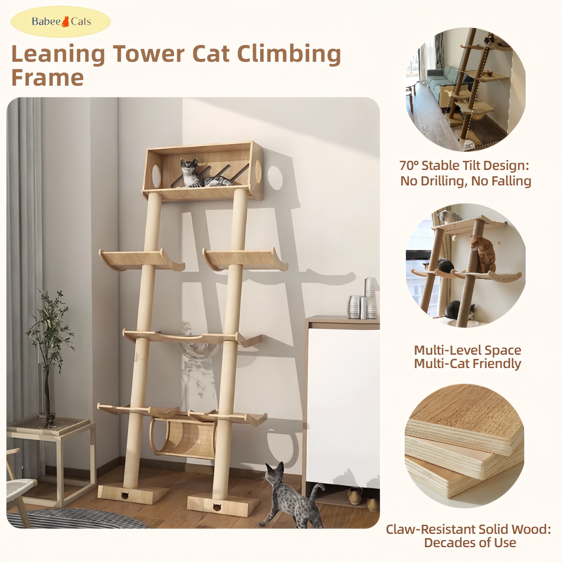 Solid wood platform and sisal scratching post detail