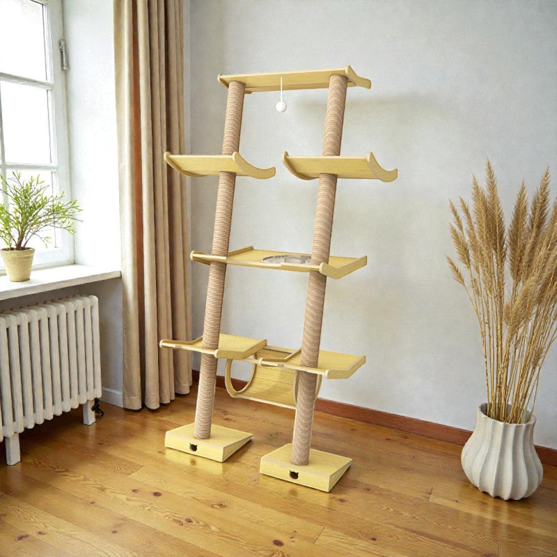 eaning Tower cat tree installed against wall in modern living room Type A