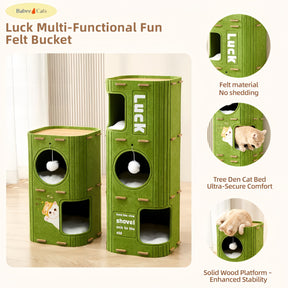 Infographic showing features of BABEECATS Luck felt bucket cat tree including scratcher, hideout and perch
