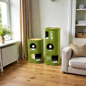 Felt bucket cat tree in living room showing vertical design and compact footprint
