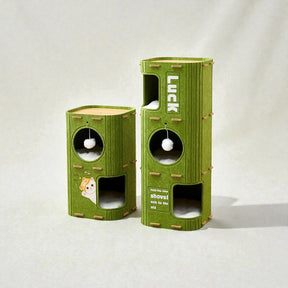 BABEECATS Luck felt bucket cat tree with dual hideouts and scratch openings on white background
