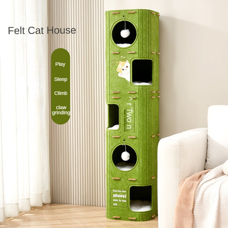 Single green felt bucket cat tower for indoor cats with climbing hole and nesting space
