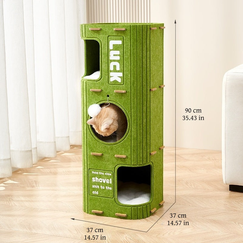 Wood color felt bucket cat tree with scratch openings and hideout design
，size guide with dimensions and height options（three layers）