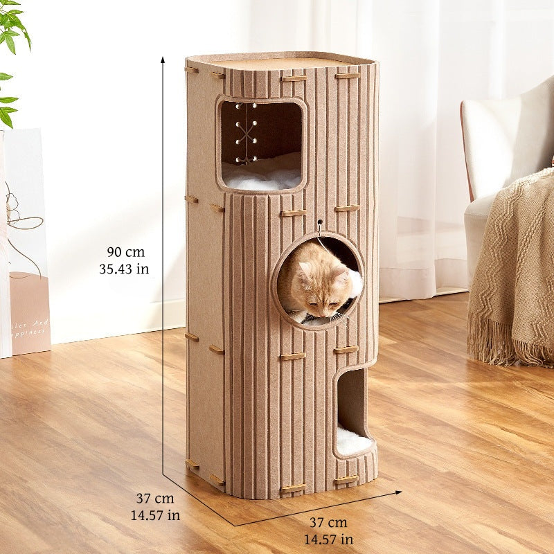 Cat resting inside wood color felt bucket cat tower，size guide with dimensions and height options（three layers）
