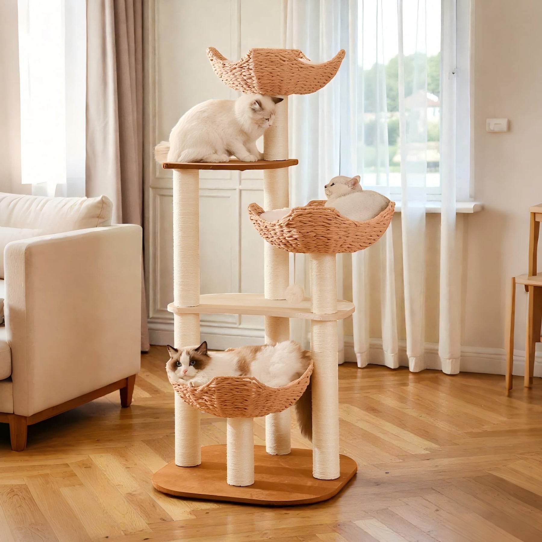 Modern rattan cat tree by BABEECATS placed in a bright living room with natural wood floor