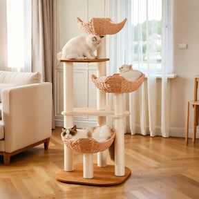 Modern rattan cat tree by BABEECATS placed in a bright living room with natural wood floor