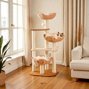 Multiple cats using BABEECATS rattan cat tree with solid wood frame and woven basket beds