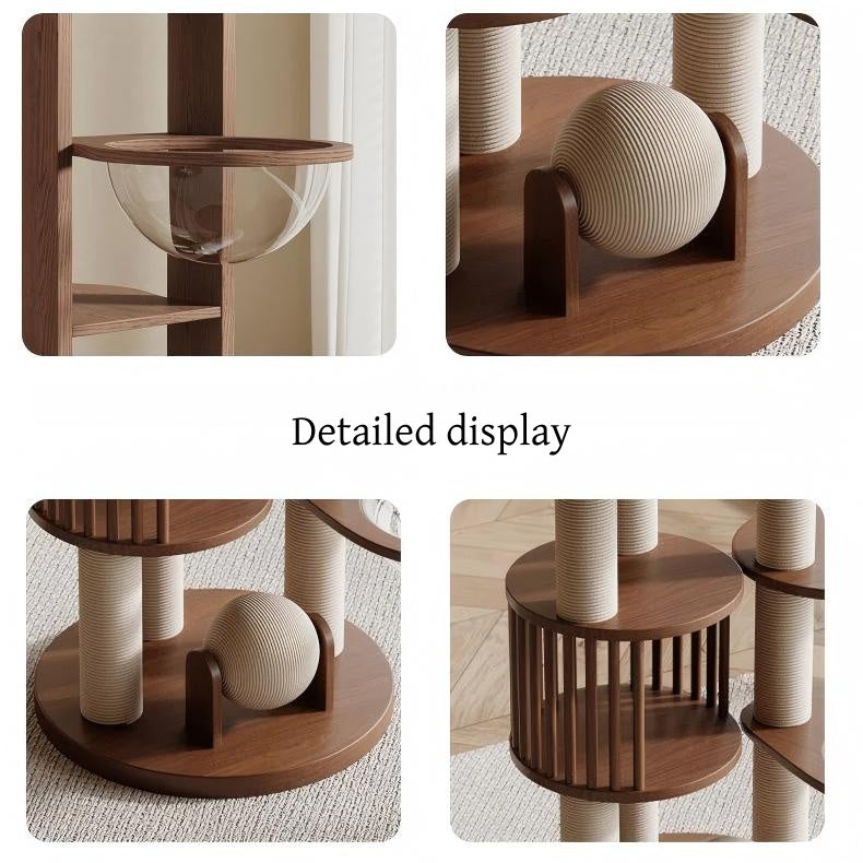 Close-up of solid wood cat tree craftsmanship and rounded safety edges
