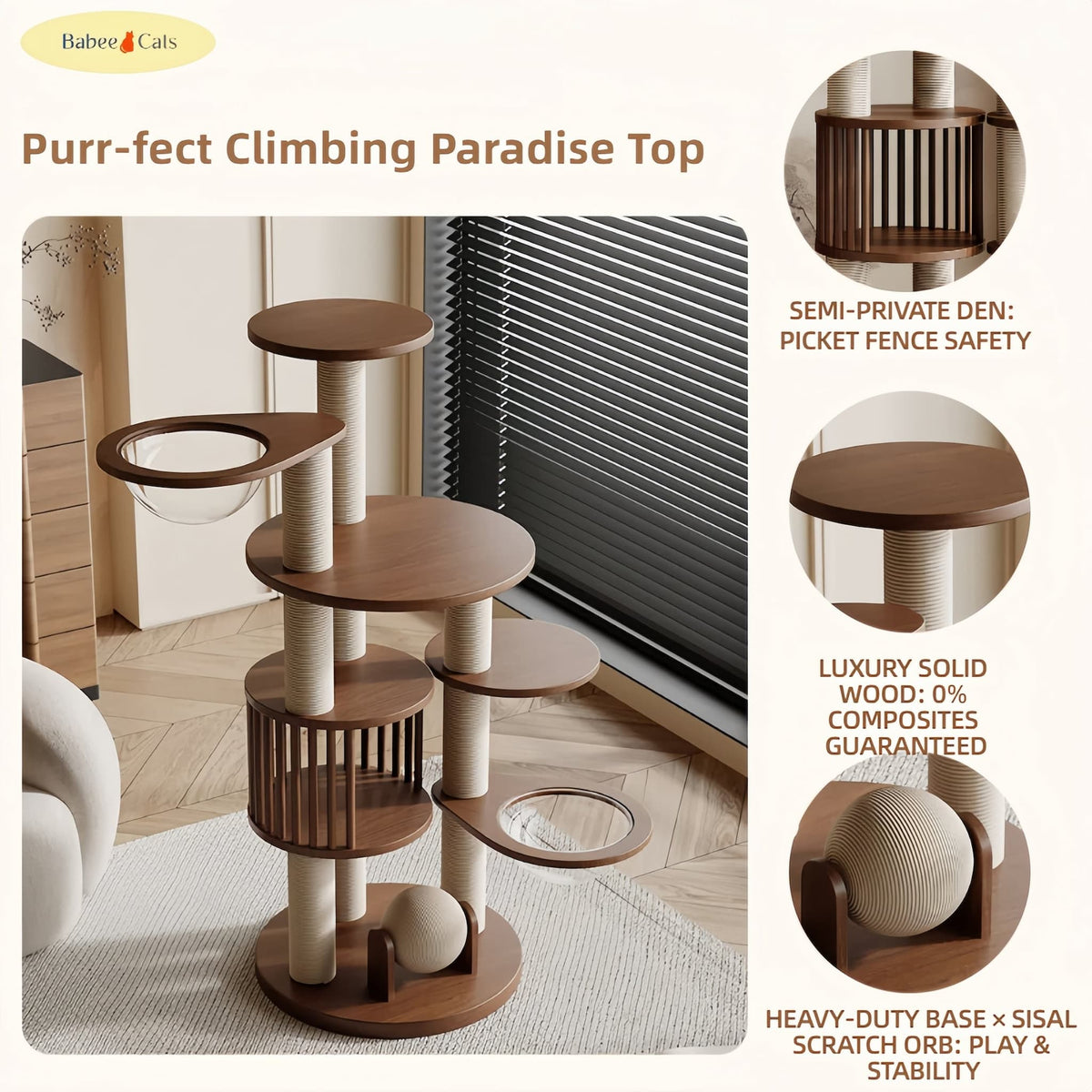 Modern wooden cat tree showing multi-level platforms and semi-enclosed cat house