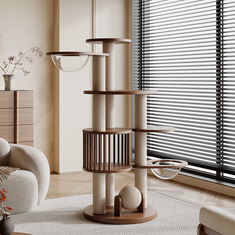 Wooden cat tree beside window in modern home interior for aesthetic living space
